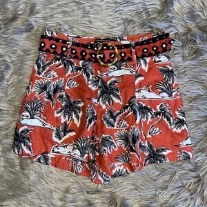 New Tahari Womens High Rise Palm Tree Print Linen Belted Shorts size 6